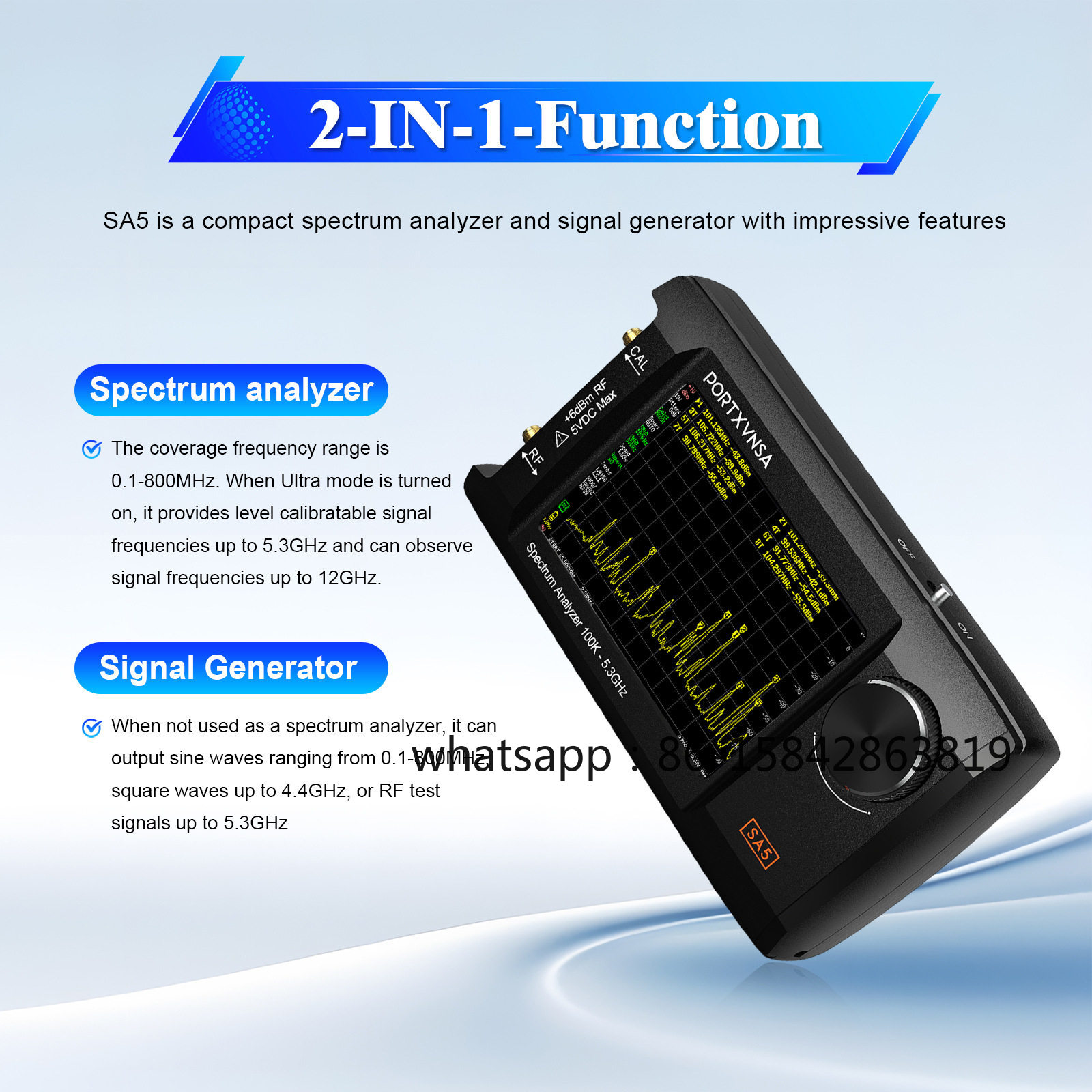 Signal Generator Spectrum Analyzer - เครื่องวิเคราะห์สเปกตรัมแบบพกพา SA5, เครื่องกำเนิดสัญญาณ RF 100kHz-5.3GHz, จอแสดงผล
